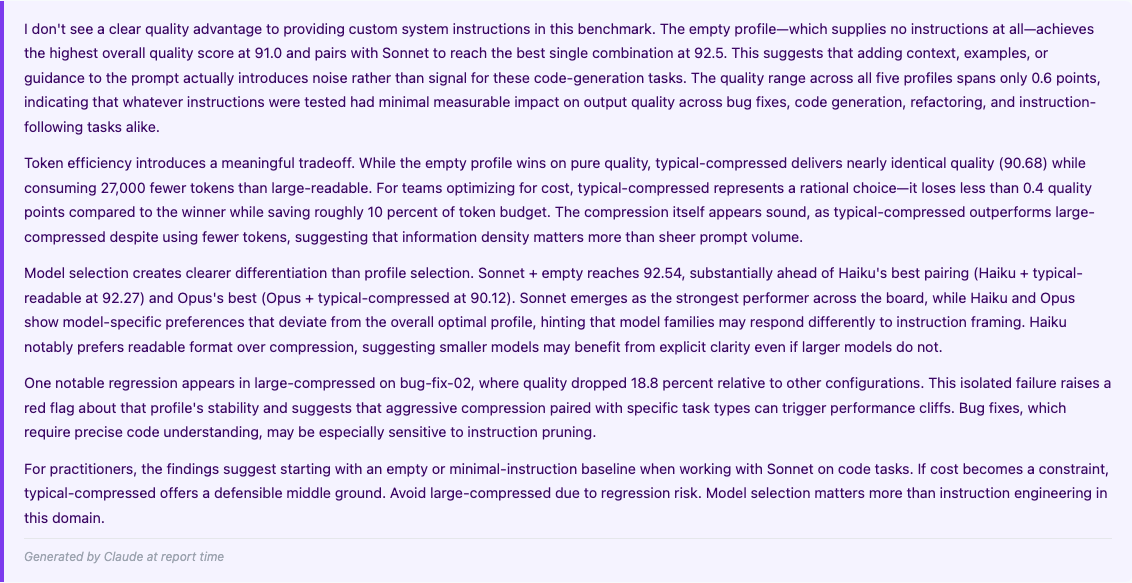 LLM-generated narrative analysis summarizing the key findings: no clear quality advantage from custom instructions, token efficiency tradeoffs, model selection matters more than profile selection.