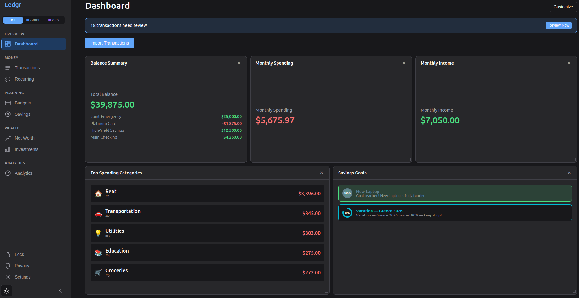 Ledgr dashboard showing account balances and recent transactions
