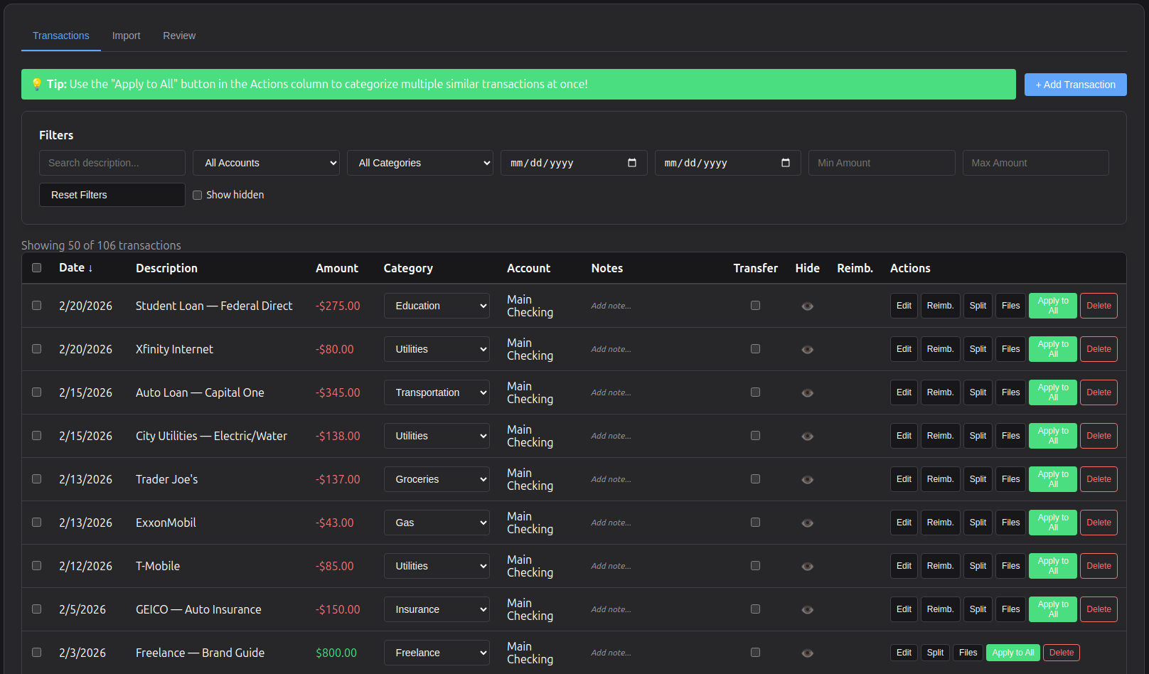 Ledgr transaction list with categorized entries
